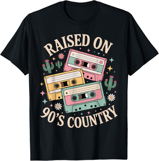 Raised On 90's Country Music Retro Cassette Design T-Shirt - T-Shirt | Black