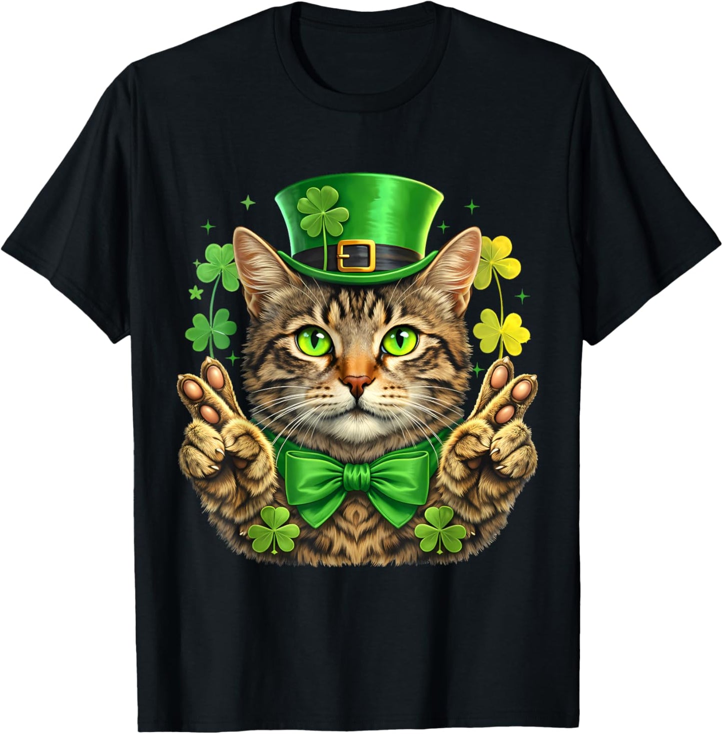 St Patricks Day Cat Leprechaun Hat Lucky Hand Shamrock Kids T-Shirt - T-Shirt | Black