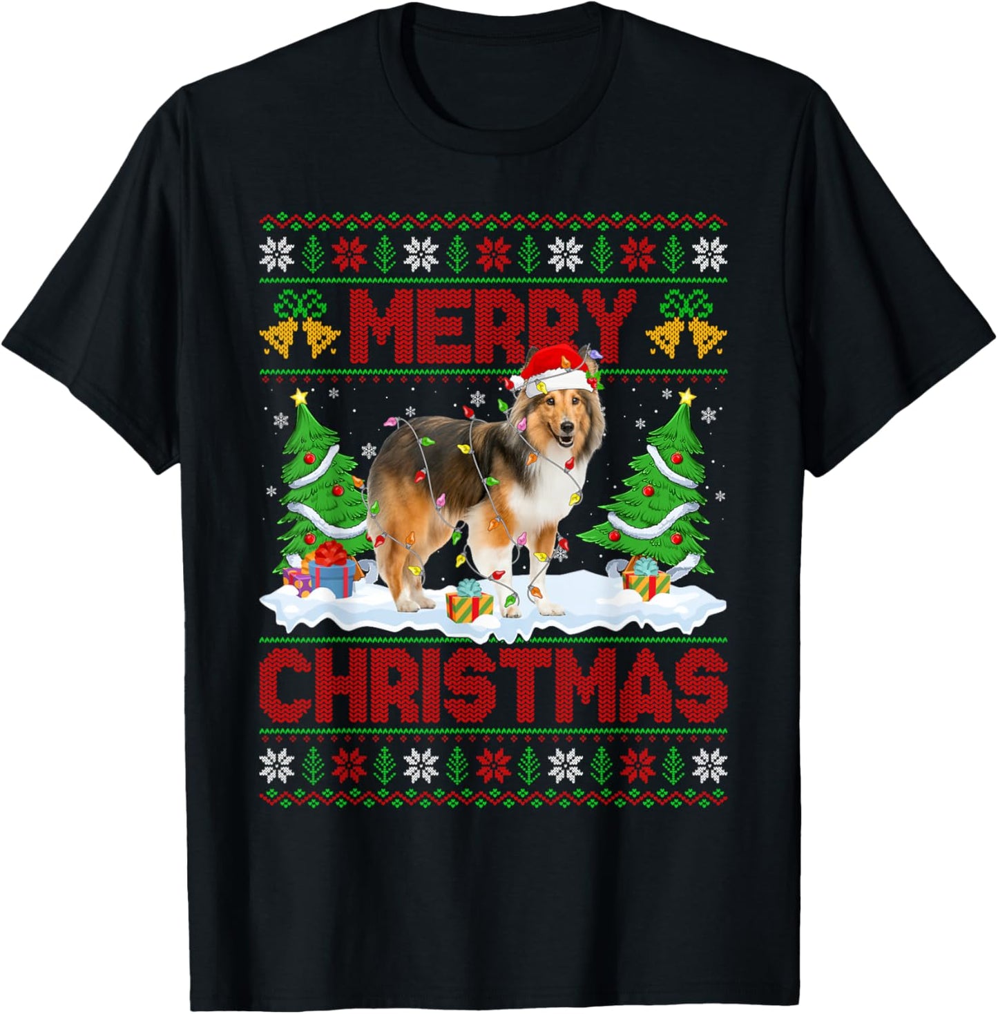 Sheltie Shetland Sheepdog Ugly Xmas Sweaters Dog Christmas T-Shirt - T-Shirt | Black