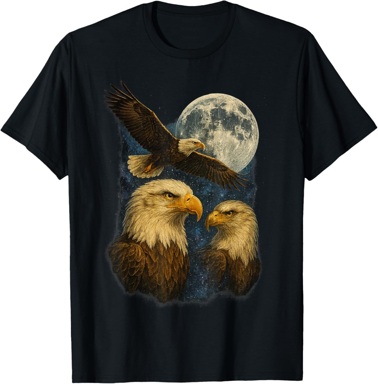 Three Bald Eagle Moon American Bird Lover Wildlife T-Shirt - T-Shirt | Black