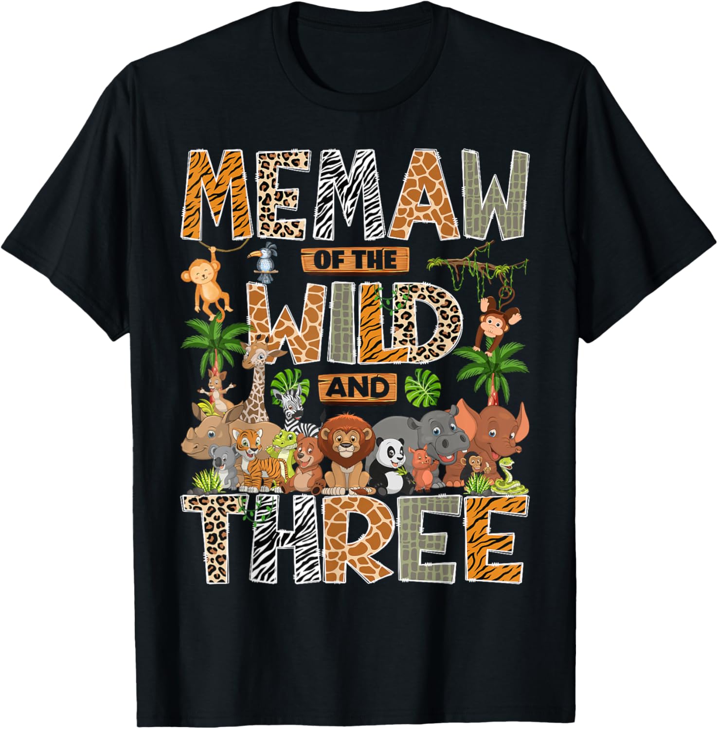 Memaw of The Wild & Three 3rd Birthday Boy Safari Jungle T-Shirt - T-Shirt | Black