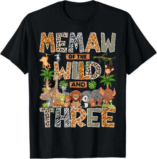 Memaw of The Wild & Three 3rd Birthday Boy Safari Jungle T-Shirt - T-Shirt | Black