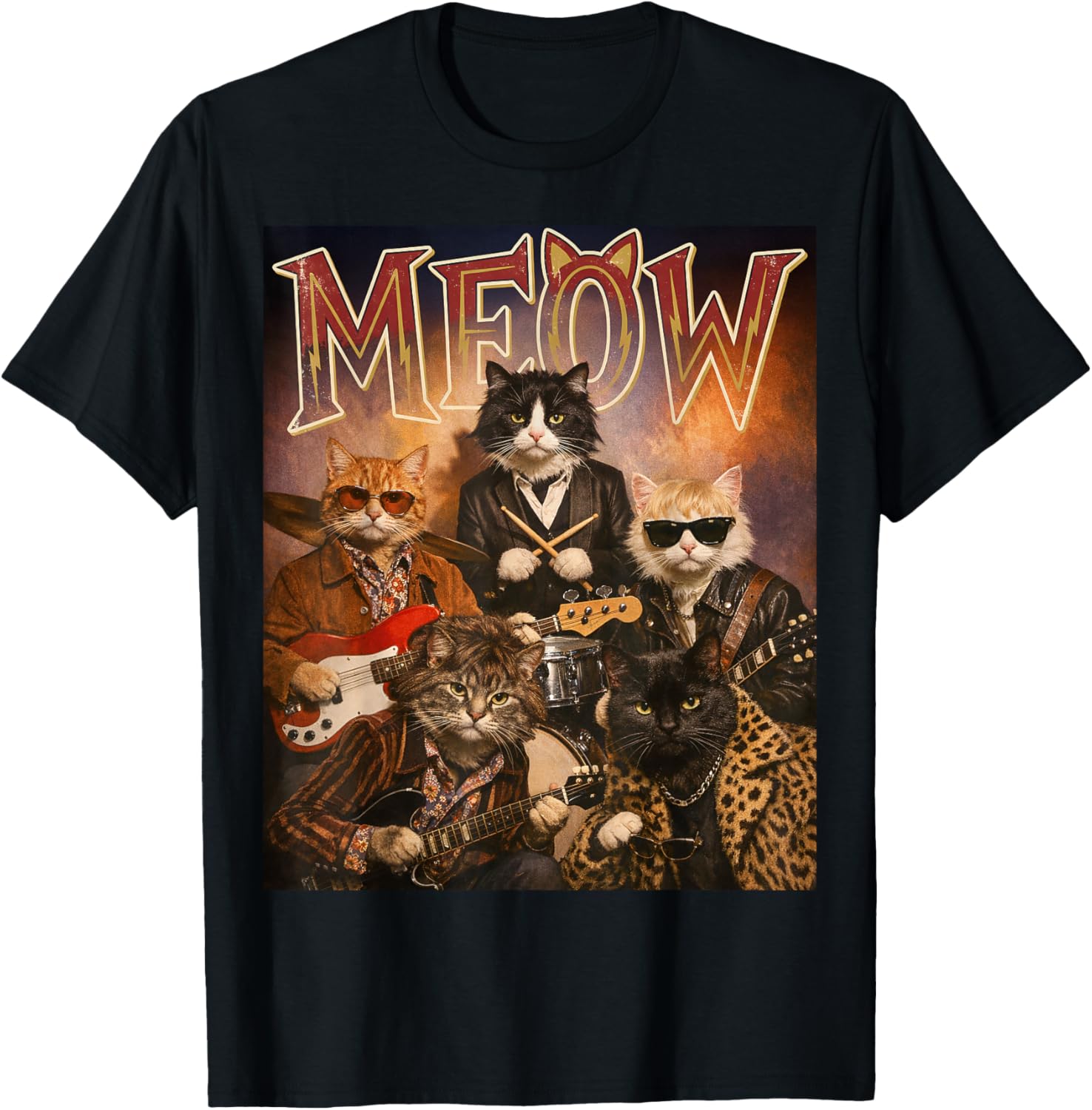 Meow Funny Cat Rock and Roll Band 60s Retro Music Fan T-Shirt - T-Shirt | Black