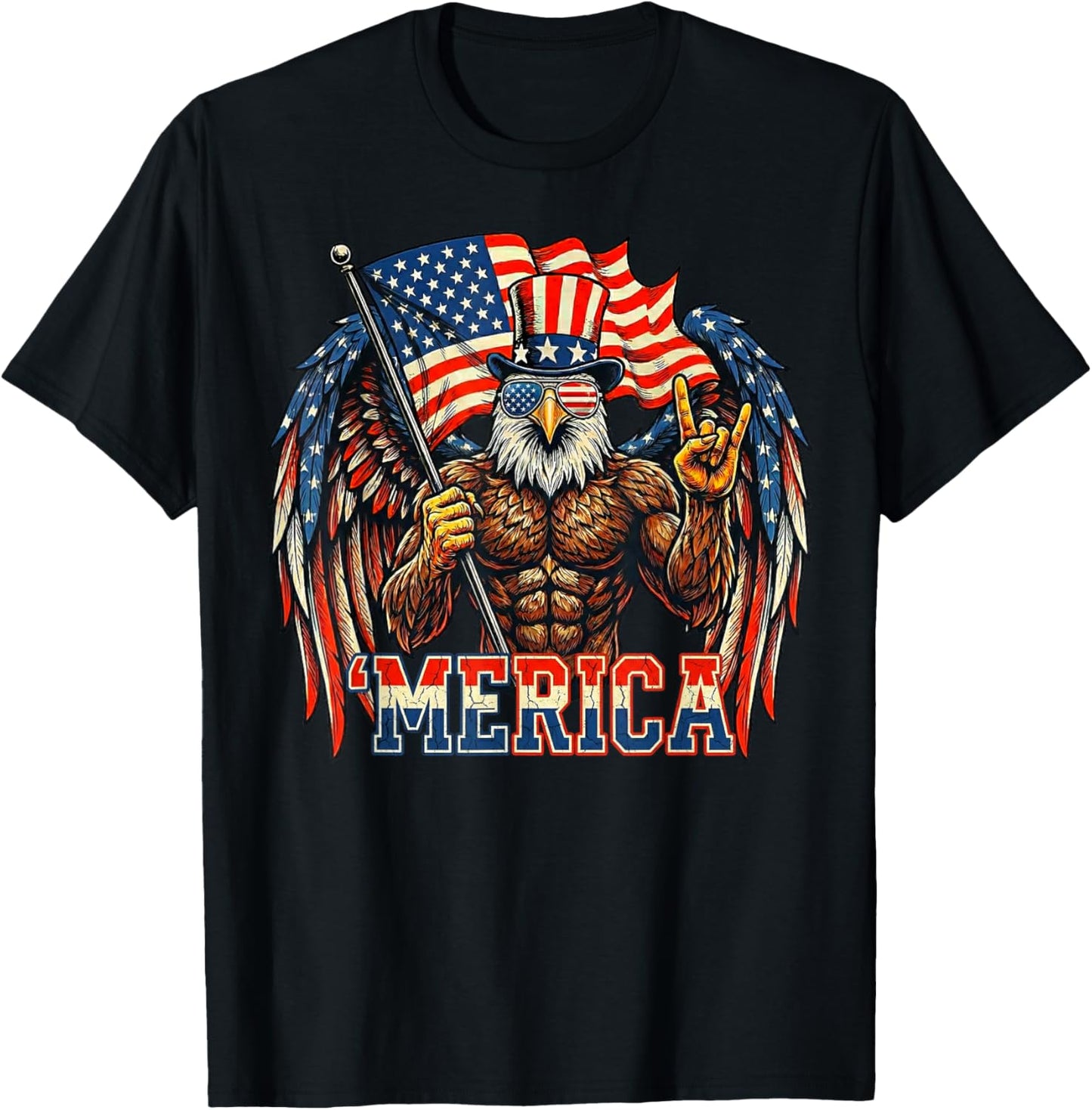 Bald Eagle Merica Rock American Flag Patriotic 4th of July T-Shirt - T-Shirt | Black