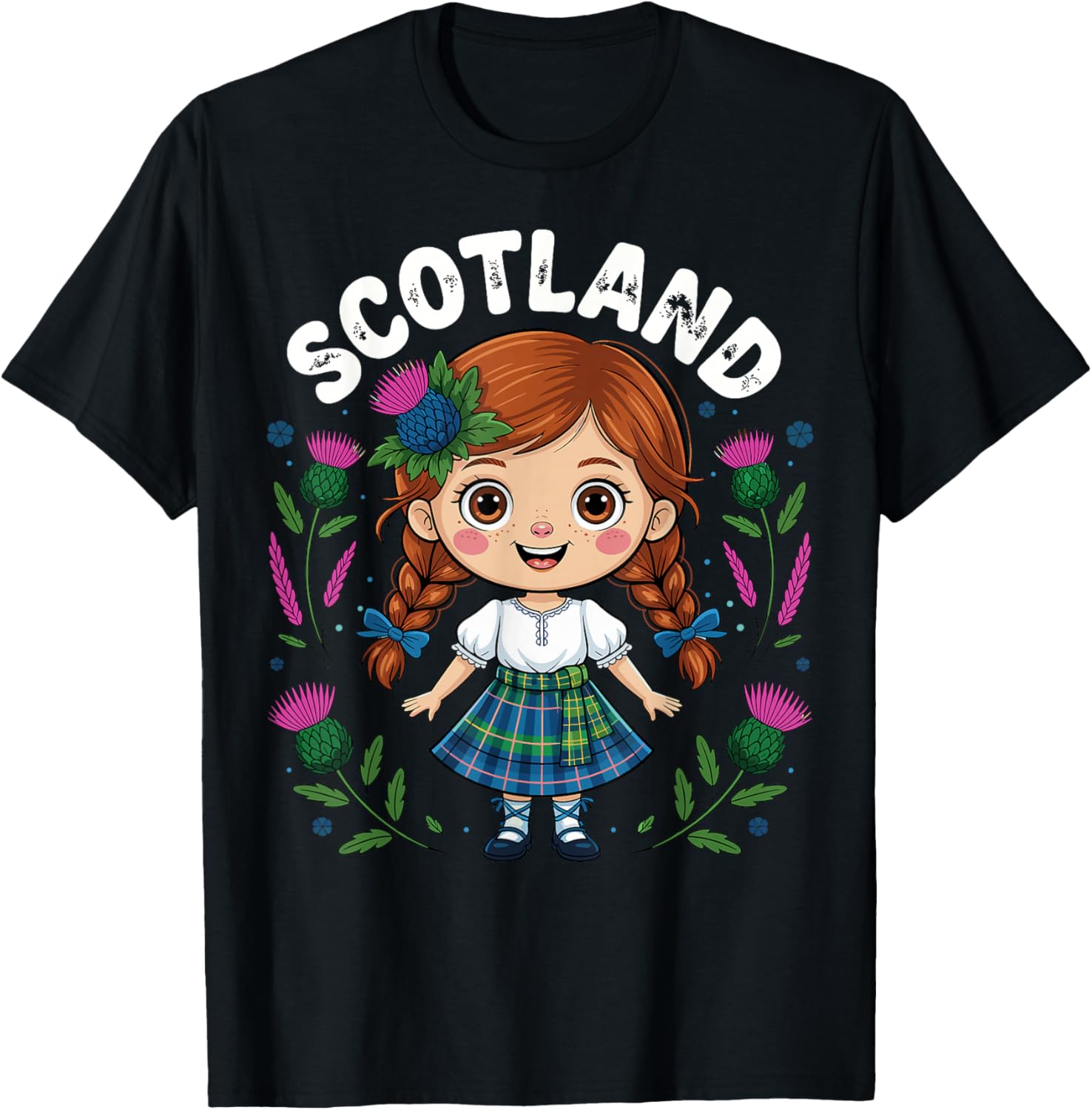 Cute Scotland Girl Tartan Skirt Thistle Flowers Art for Kids T-Shirt - T-Shirt | Black