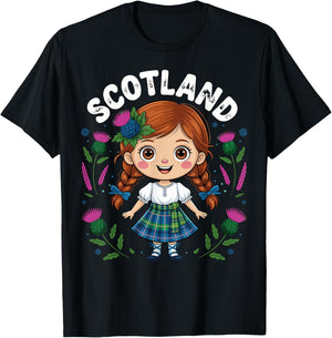 Cute Scotland Girl Tartan Skirt Thistle Flowers Art for Kids T-Shirt - T-Shirt | Black