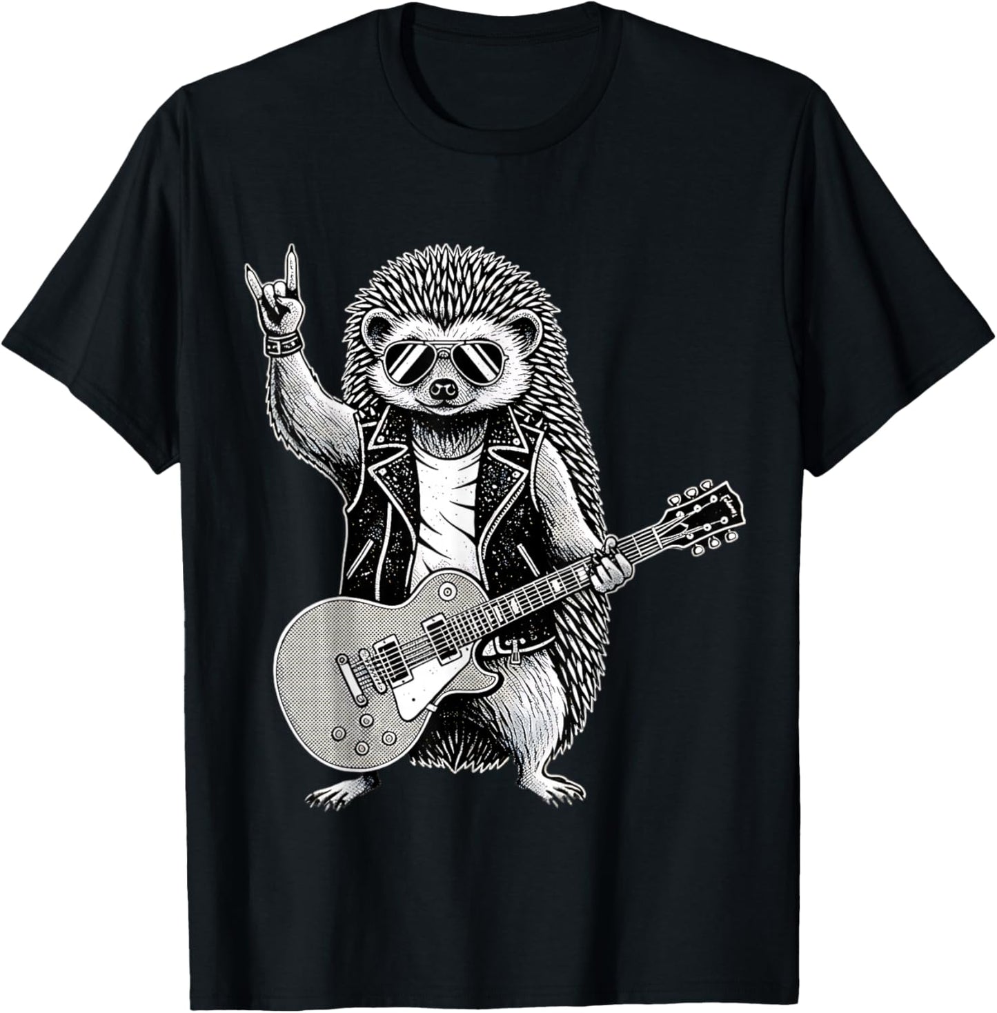 Funny Rock Music Band Hedgehog Playing Guitar Retro Graphic T-Shirt - T-Shirt | Black