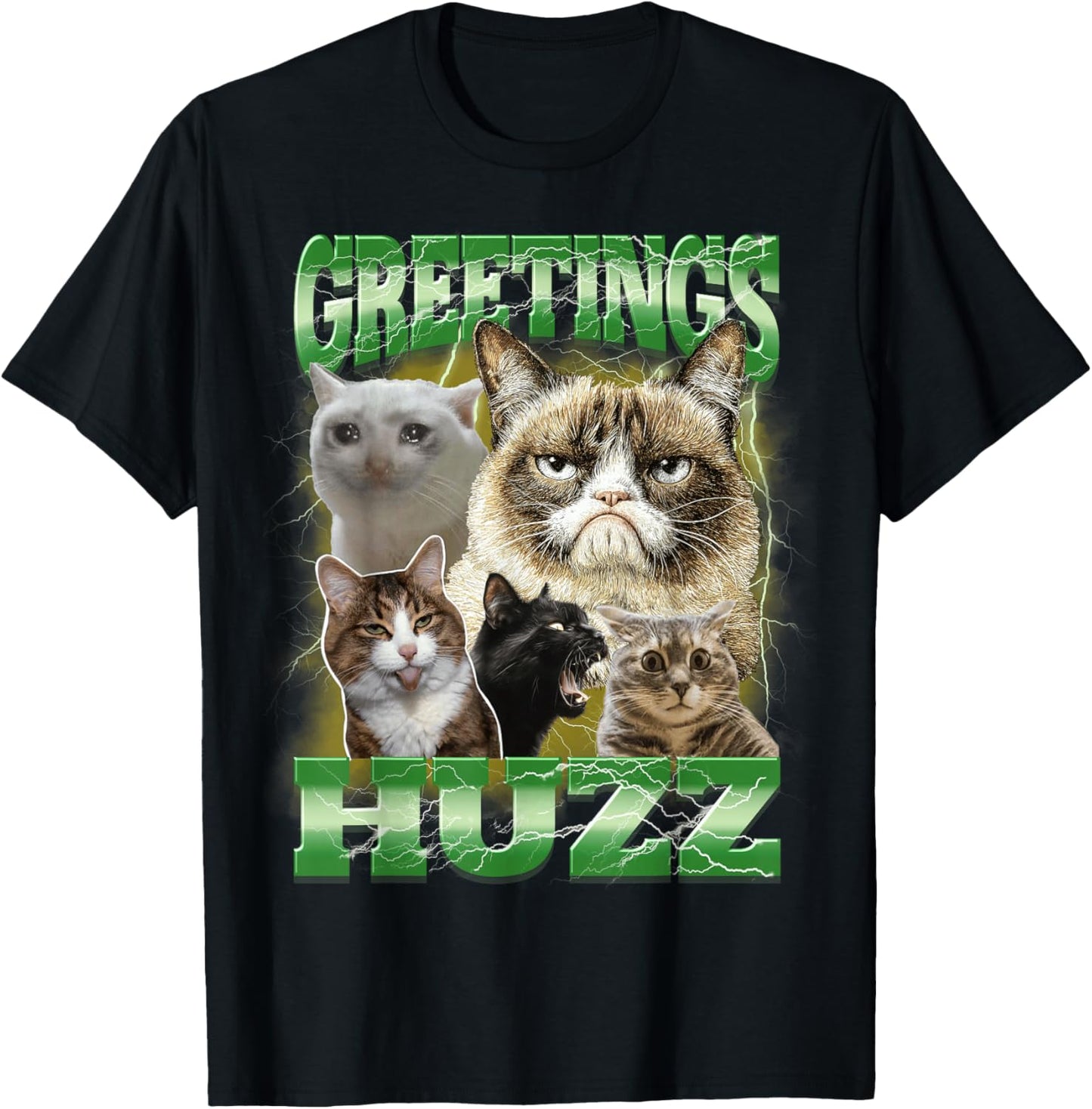 Greetings Huzz Bootleg Cringe CAT Meme Weird Stupid Cats T-Shirt - T-Shirt | Black