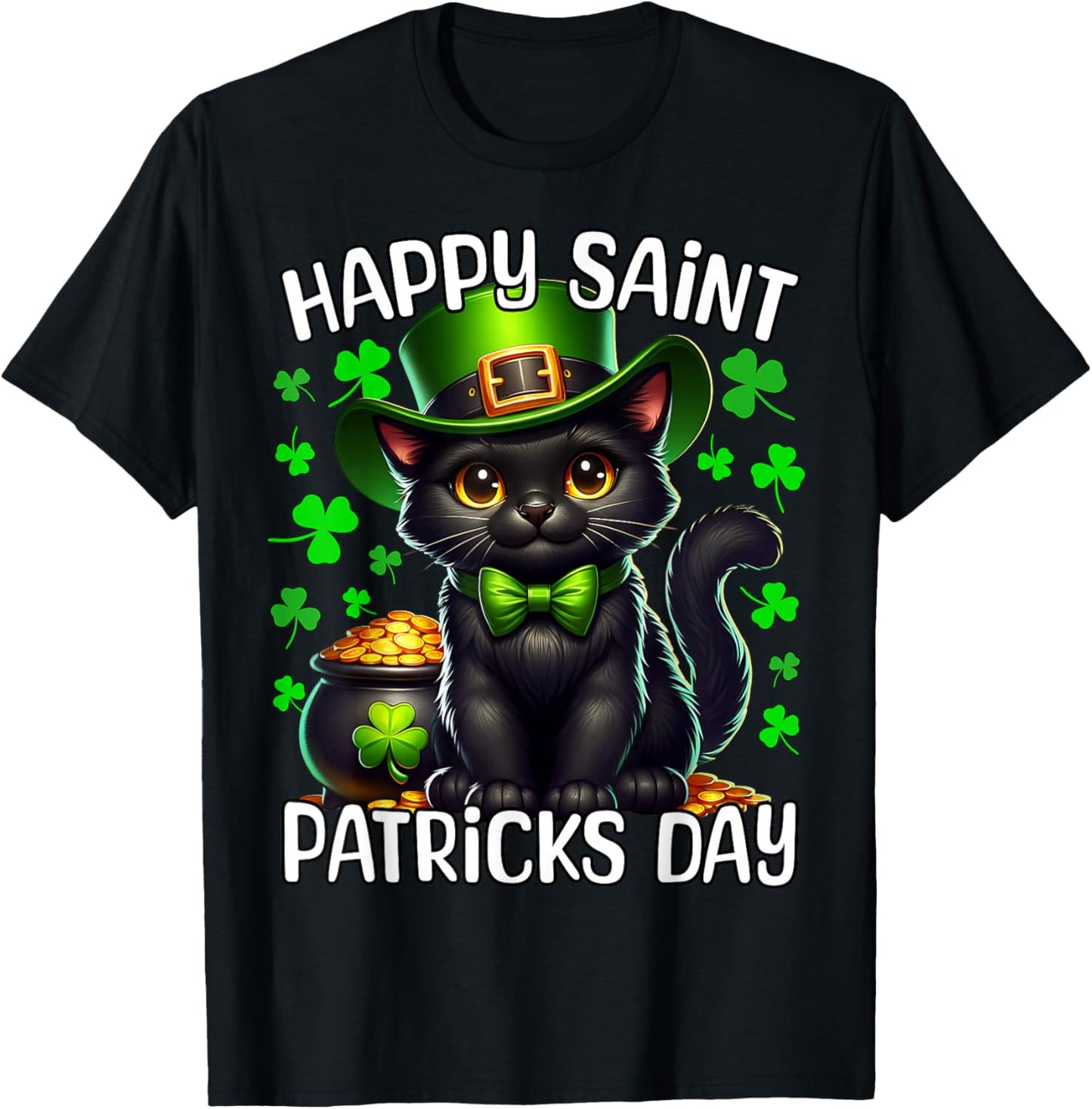 Black Cat Happy Saint Patricks Day Cat T-Shirt - T-Shirt | Black