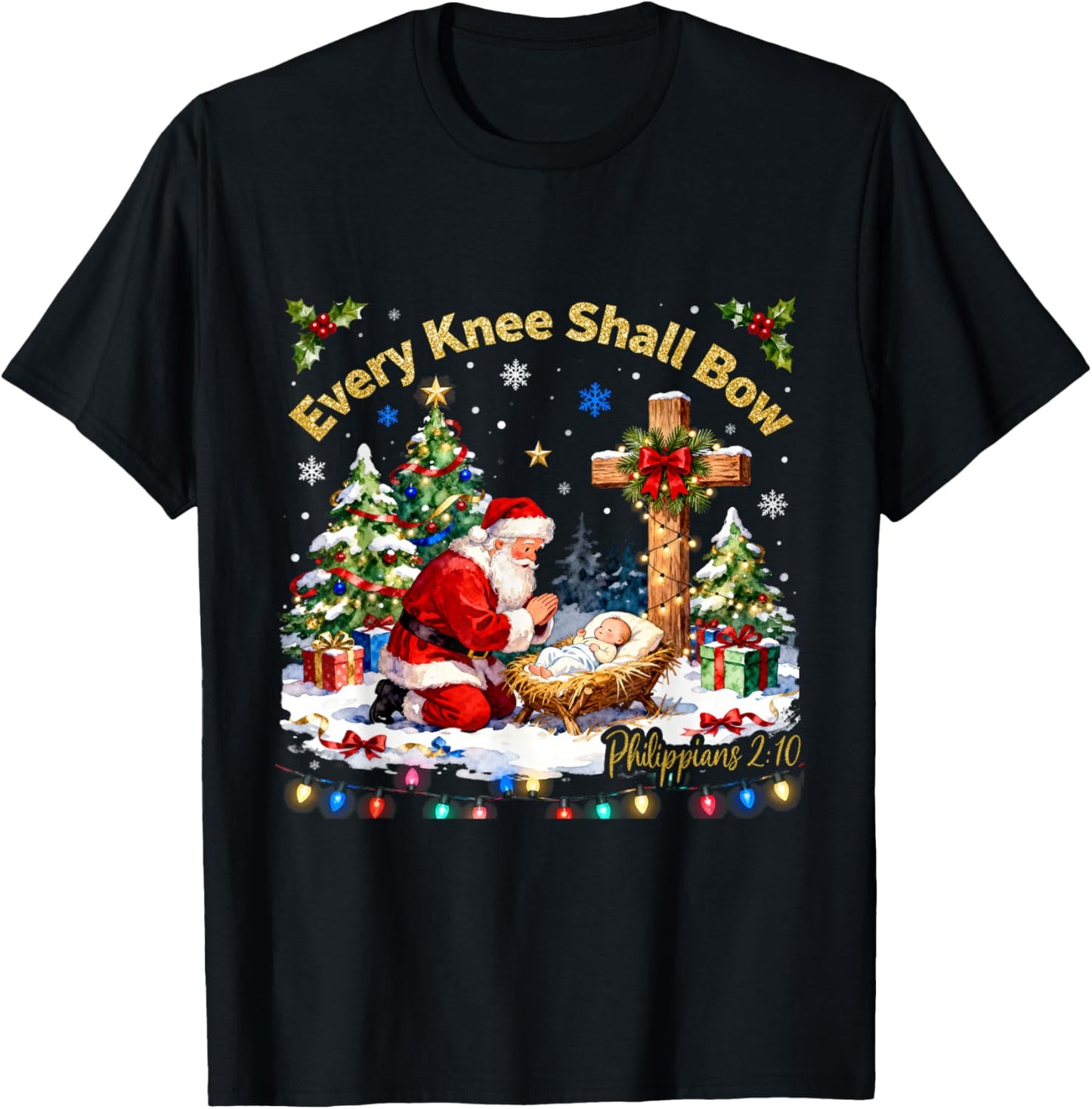 Xmas Every Knee Shall Bow Santa Christmas Nativity Scene T-Shirt - T-Shirt | Black