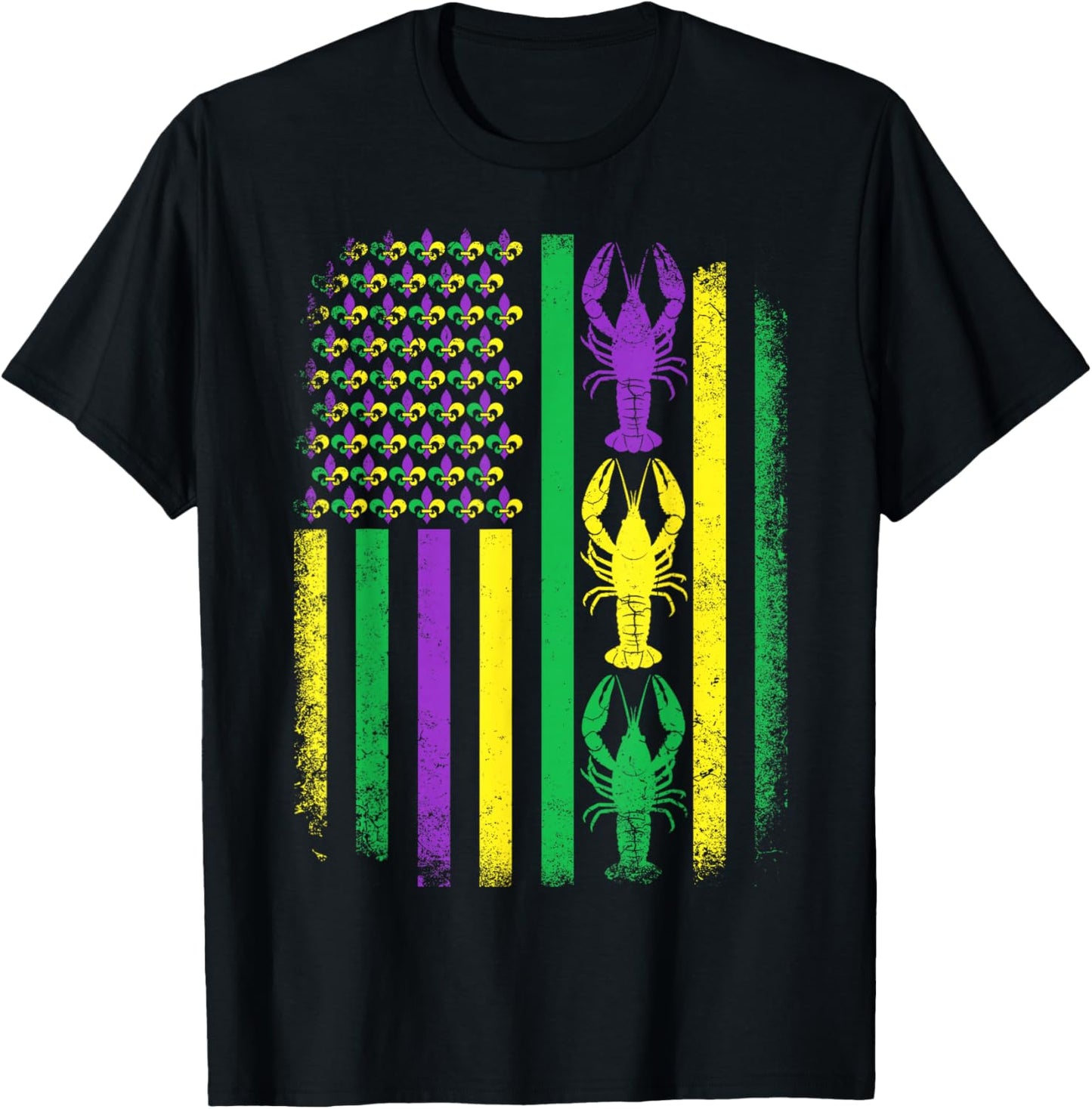 Retro Mardi Gras USA American Flag Crawfish Parade Men Women T-Shirt - T-Shirt | Black