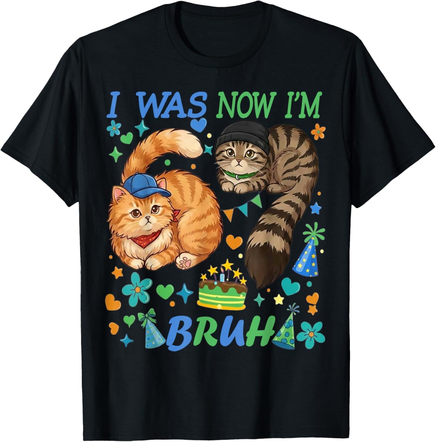 I was 6 Now I'm 7 Bruh Funny 67 Birthday Boys Cats T-Shirt - T-Shirt | Black