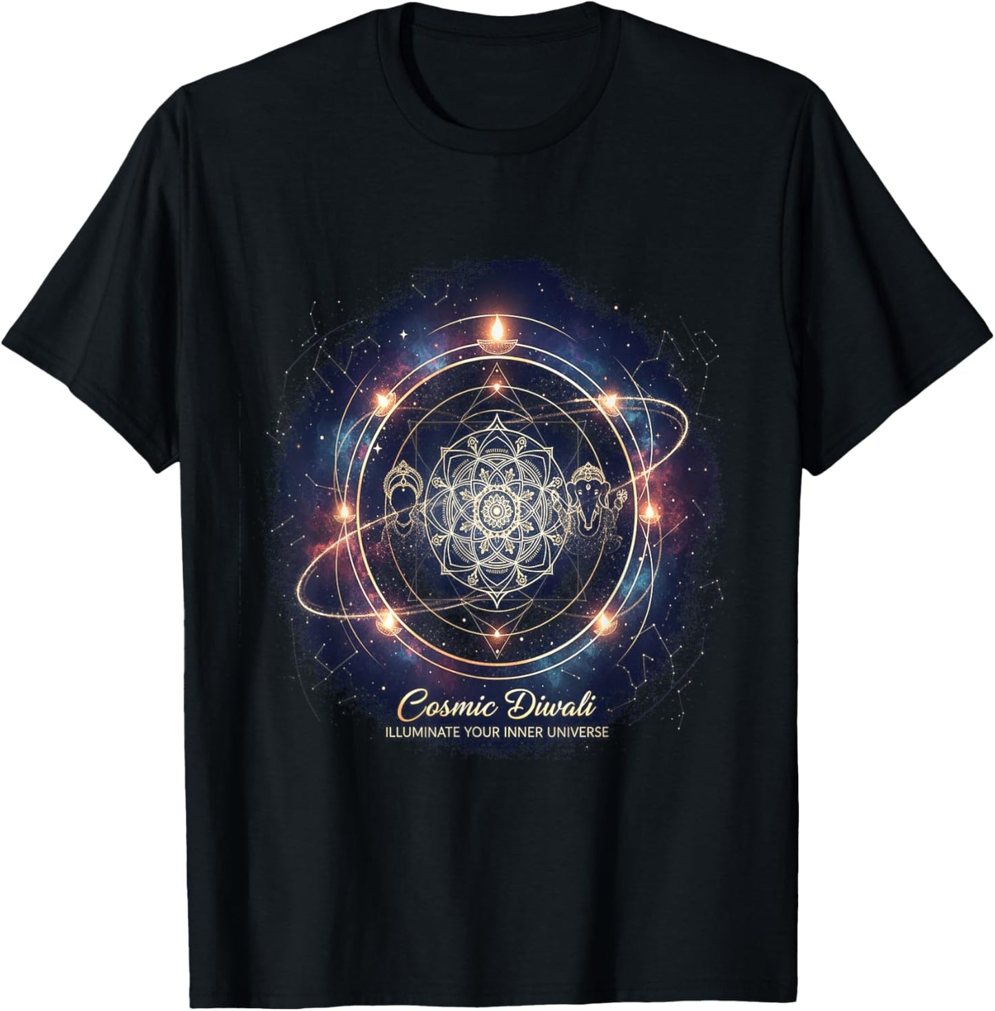Cosmic Diwali Mandala, Meditation,Spiritual, Festive T-Shirt - T-Shirt | Black