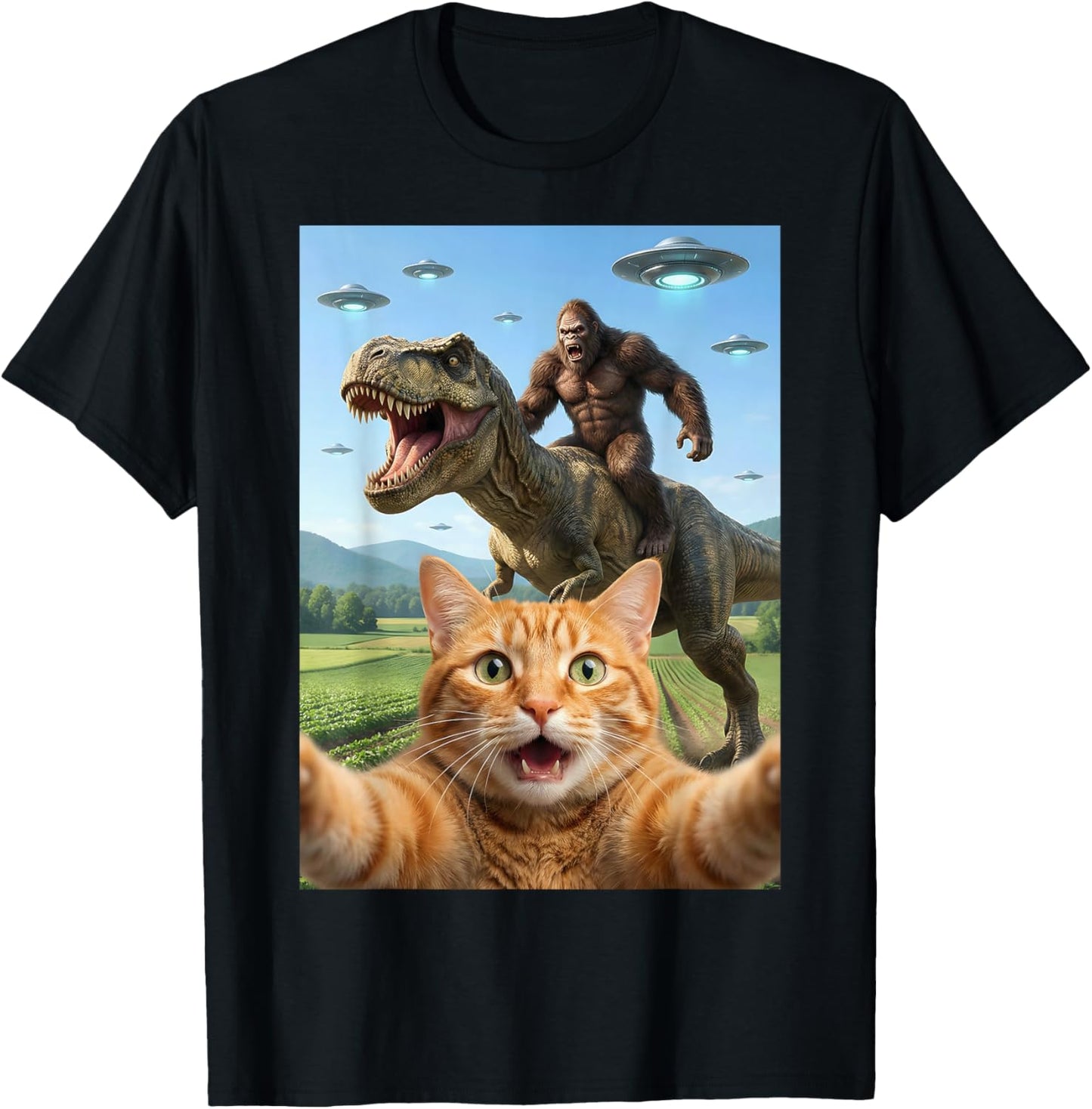 Funny Graphic Cat Selfie with Bigfoot Riding T-rex Dinosaur T-Shirt - T-Shirt | Black