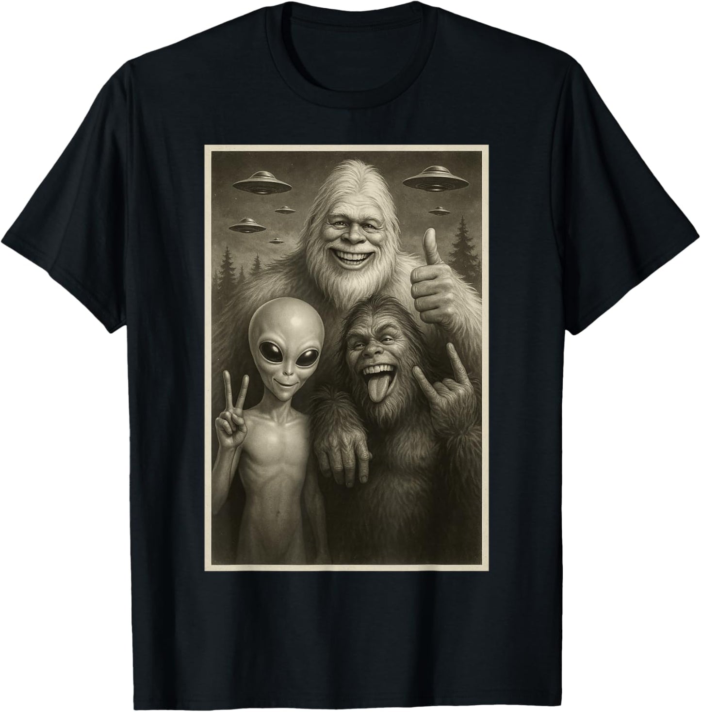 Funny Bigfoot, Alien, & Yeti Sasquatch Rock On UFO Handsign T-Shirt - T-Shirt | Black