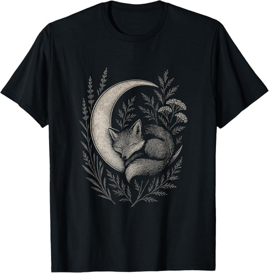 Forest Solstice Fox and Moon Graphic T-Shirt - T-Shirt | Black