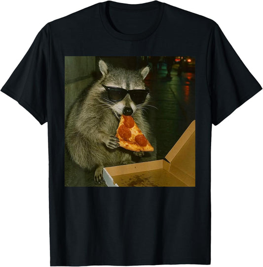 Funny Cool Racoon with Sunglasses Eating Pizza Vintage Meme T-Shirt - T-Shirt | Black