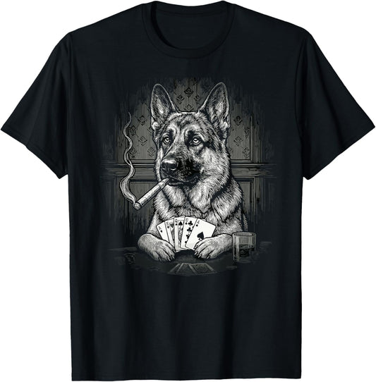 German Shepherd Poker Night Dog Playing Cards Fun Design T-Shirt - T-Shirt | Black