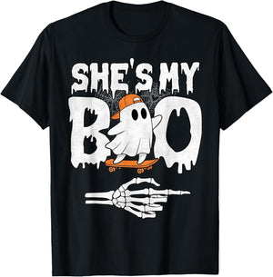She's My Boo Couple Matching Halloween Skateboard Cool Ghost T-Shirt - T-Shirt | Black