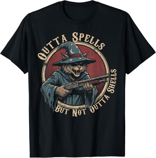 Wizard Cat Outta Spells But Not Outta Shells Gun Owner T-Shirt - T-Shirt | Black