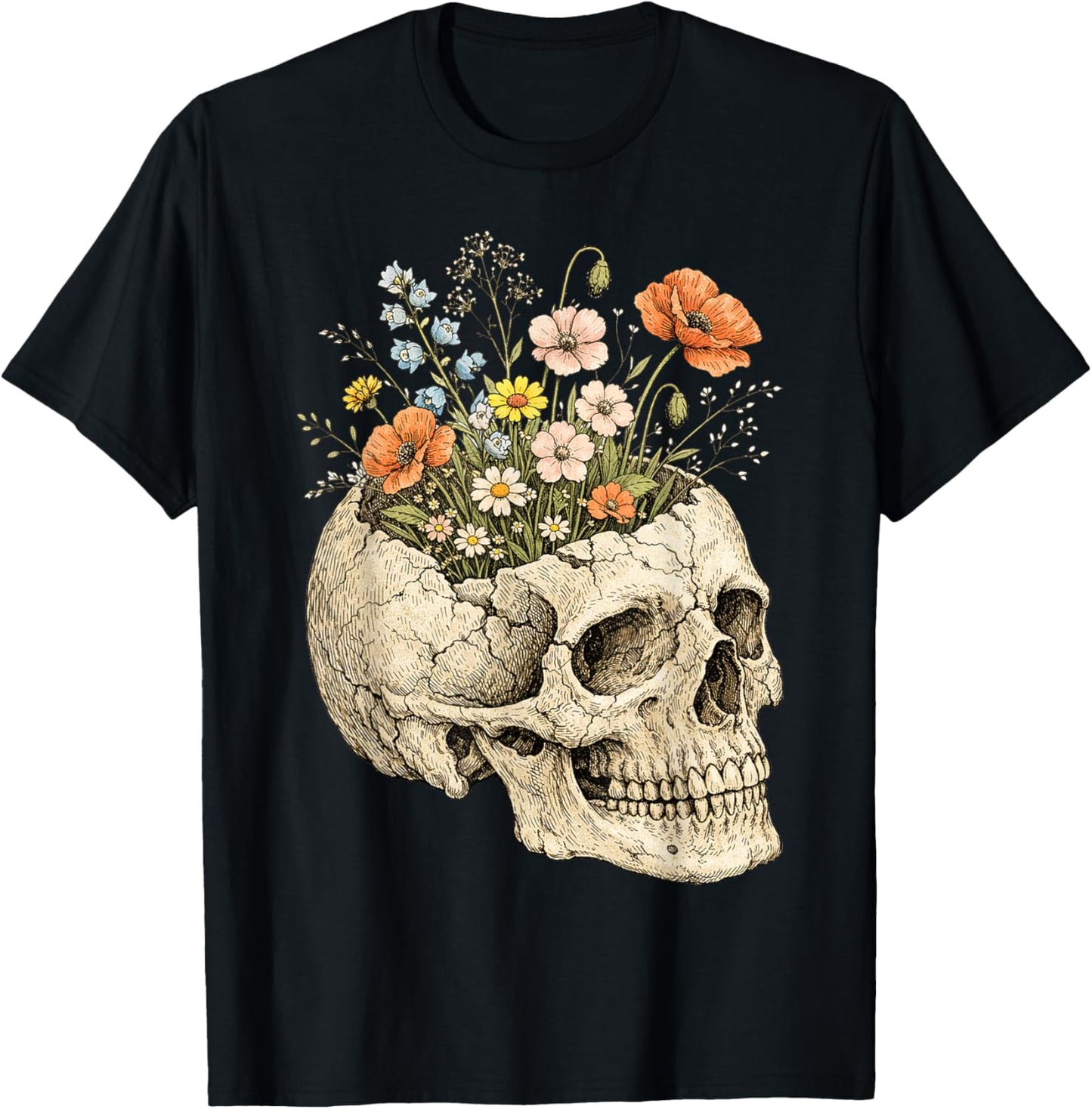 Floral Skull Skeleton Goth Dark Aesthetic Flower Plant T-Shirt - T-Shirt | Black