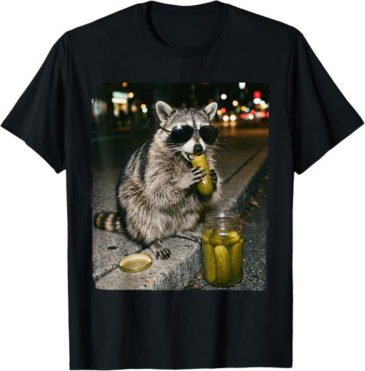 Funny Raccoon Eating Pickles Meme T-Shirt - T-Shirt | Black