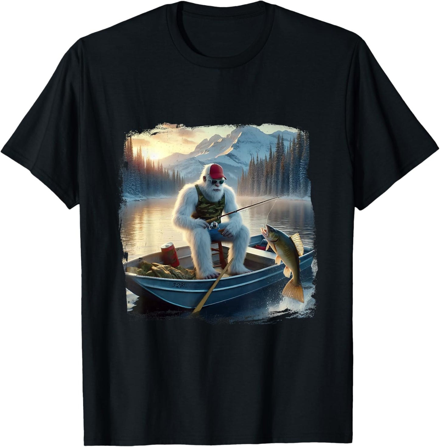 Fishing Merry Fishmas Funny Fish Santa Bigfoot Winter T-Shirt - T-Shirt | Black