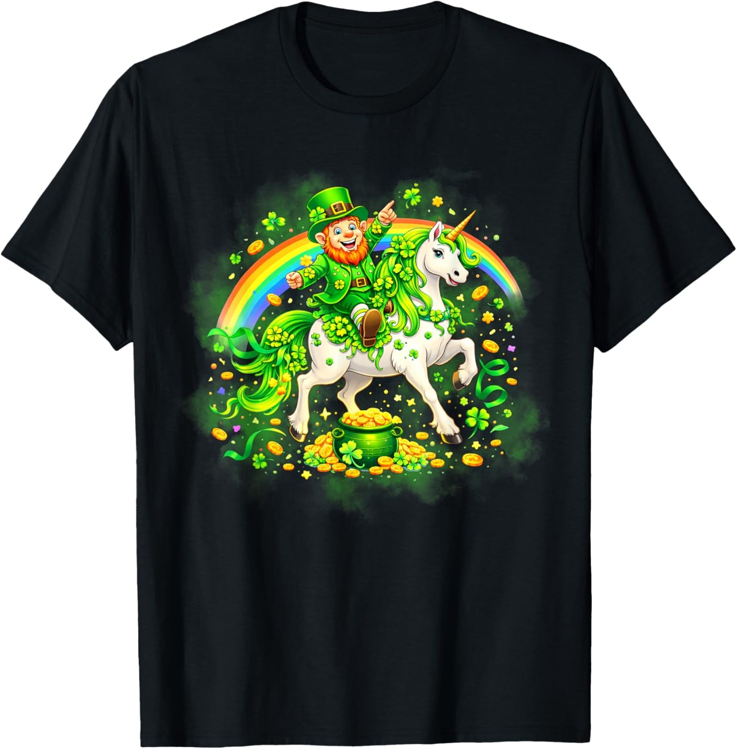 St Patricks Day Leprechaun Riding Unicorn T-Shirt - T-Shirt | Black