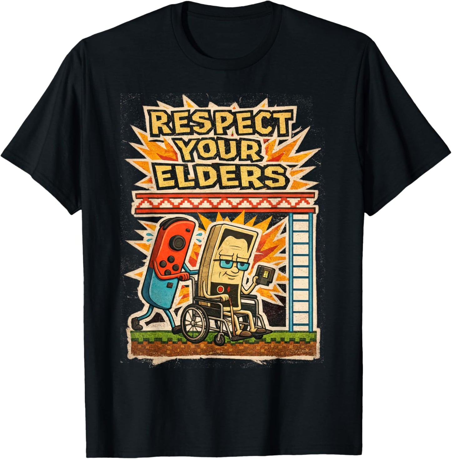 Respect Your Elders Funny Gamer Controller 80s Retro Poster T-Shirt - T-Shirt | Black