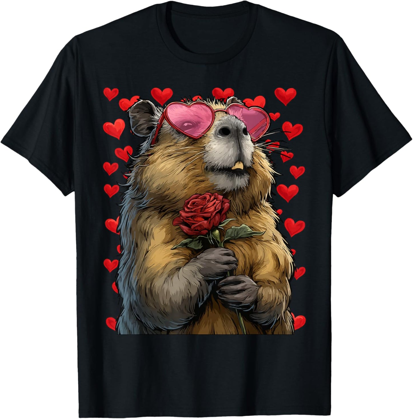 Cute Capybara with Heart Glasses Rose Valentine's Day Animal T-Shirt - T-Shirt | Black