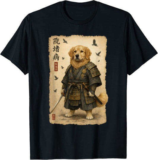 Golden Retriever Dog Samurai Art Japanese Vintage T-Shirt - T-Shirt | Black