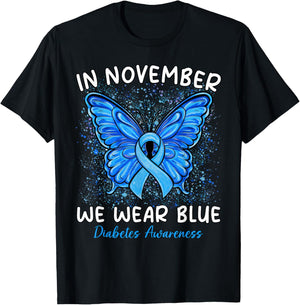 in November We Wear Blue Diabetes Awareness Ribbon Butterfly T-Shirt - T-Shirt | Black