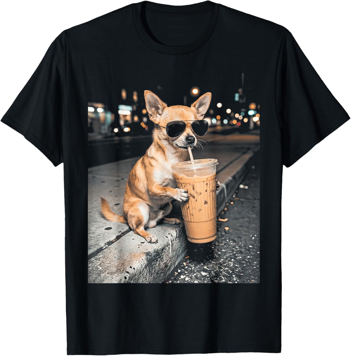 Chihuahua Drinking Iced Coffee Funny Animal Meme Men Women T-Shirt - T-Shirt | Black