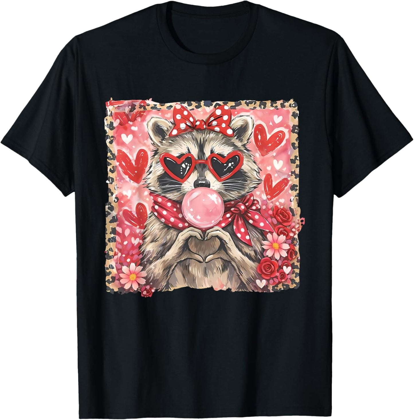 Vintage Leopard Girls Valentine Raccoon Lover Heart XOXO T-Shirt - T-Shirt | Black