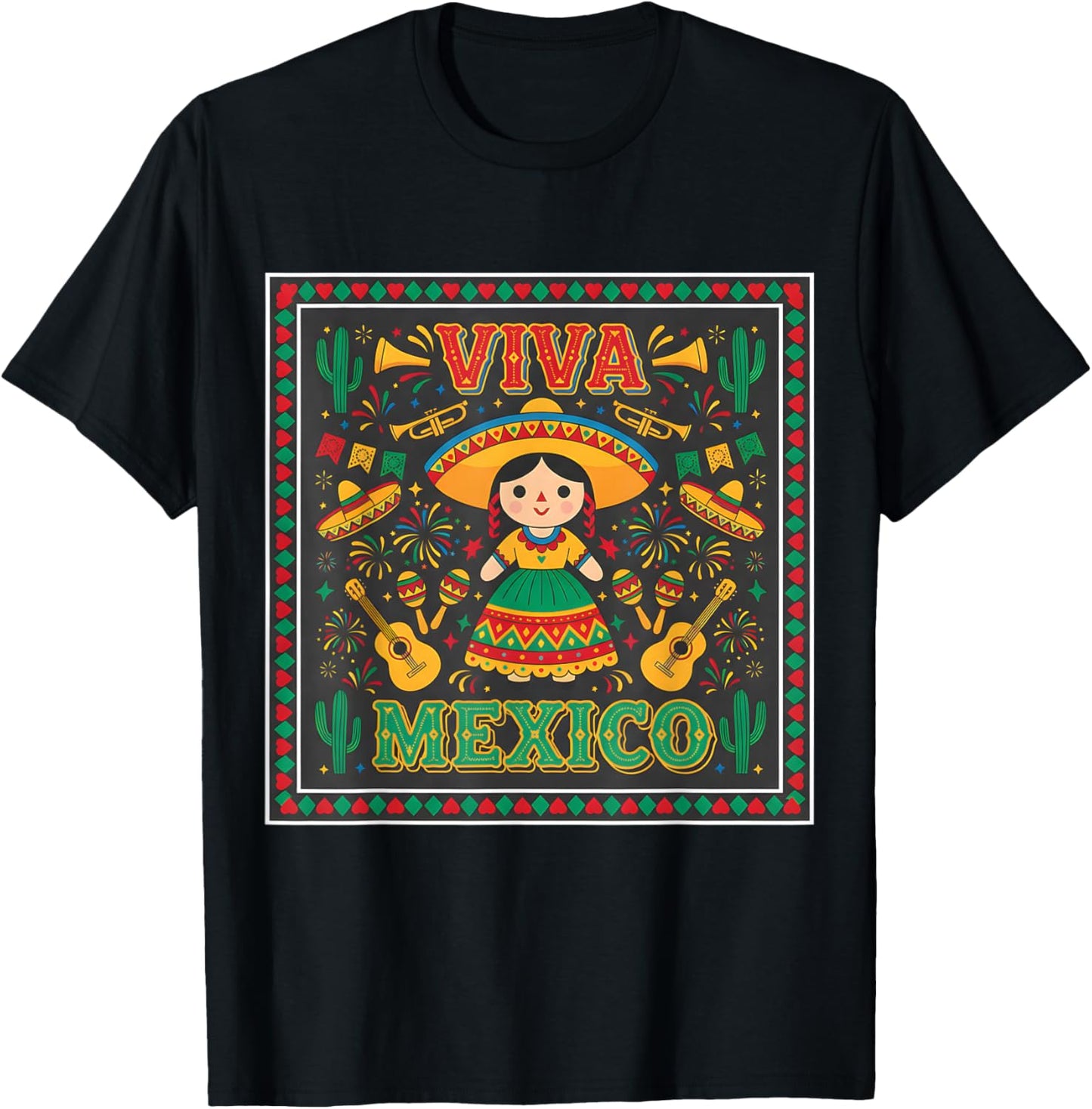 Fiesta Doll Sombrero Maracas Guitar Mexican Celebration Part T-Shirt - T-Shirt | Black