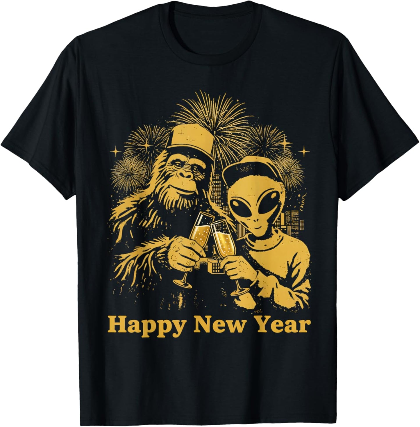 Happy New Year Bigfoot and Alien Sasquatch Fireworks Party T-Shirt - T-Shirt | Black