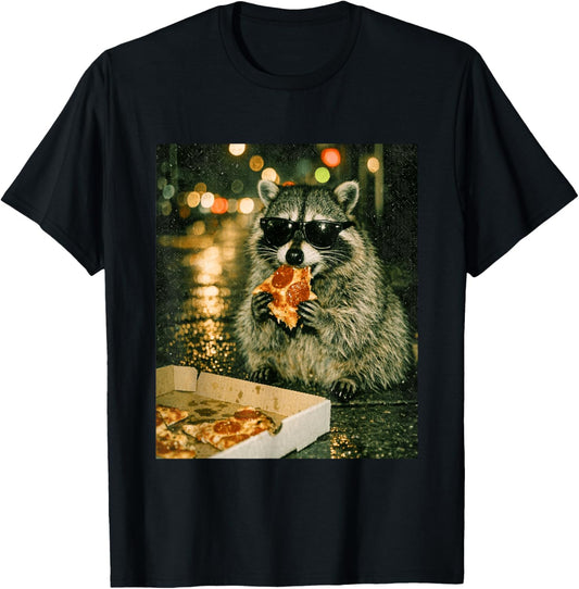 Funny Raccoon Eating Pizza Animal Meme Trash Panda Men Women T-Shirt - T-Shirt | Black