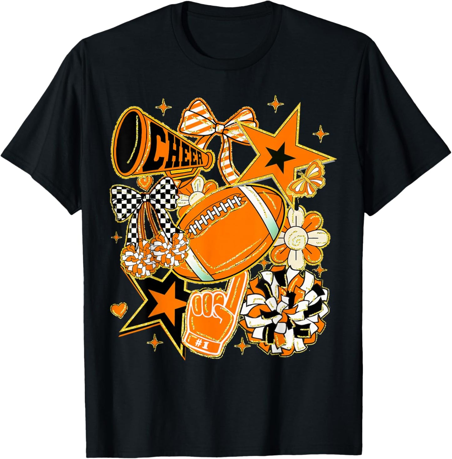 Coquette Bow Football Orange Black Game Cheer Mom Touchdown T-Shirt - T-Shirt | Black