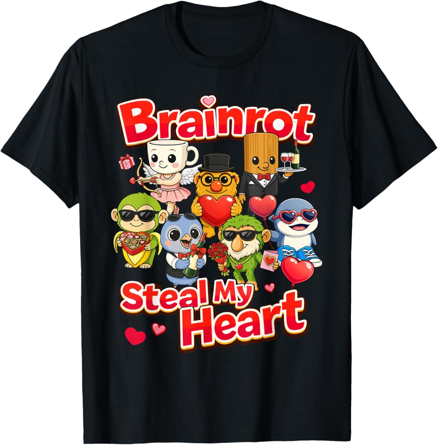 Brainrot Steal My Heart Valentine Kids AI Generated Cute T-Shirt - T-Shirt | Black