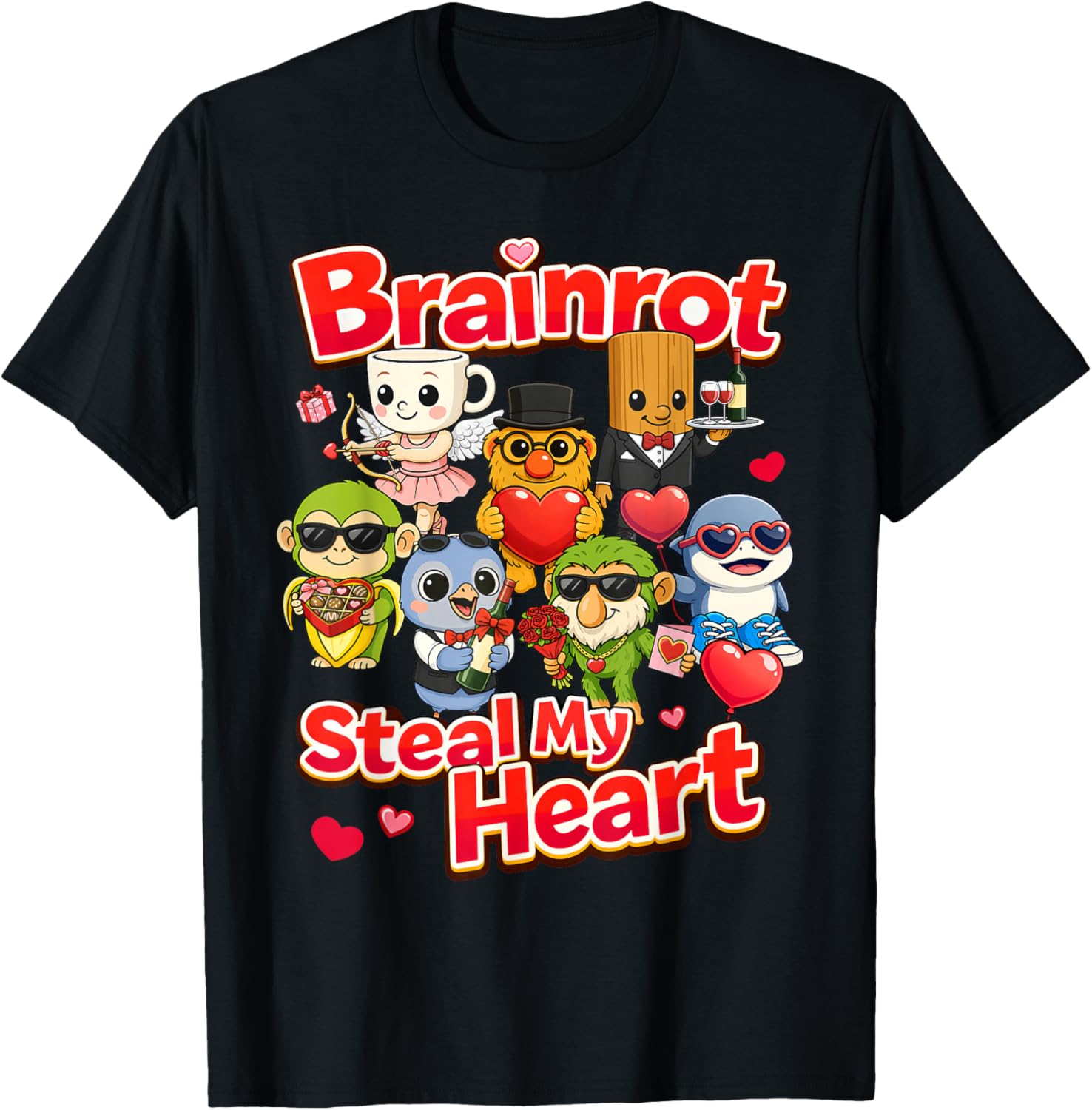 Brainrot Steal My Heart Valentine Kids AI Generated Cute T-Shirt - T-Shirt | Black