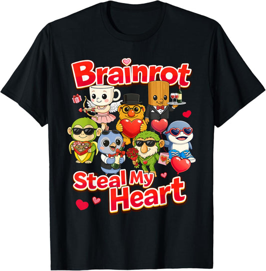 Brainrot Steal My Heart Valentine Kids AI Generated Cute T-Shirt - T-Shirt | Black