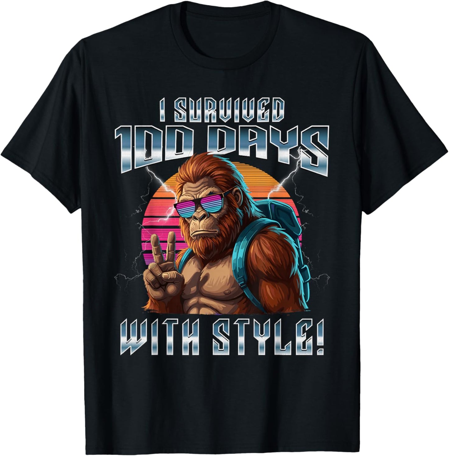 Retro I Survived 100 Days of School Bigfoot Kids Teacher T-Shirt - T-Shirt | Black