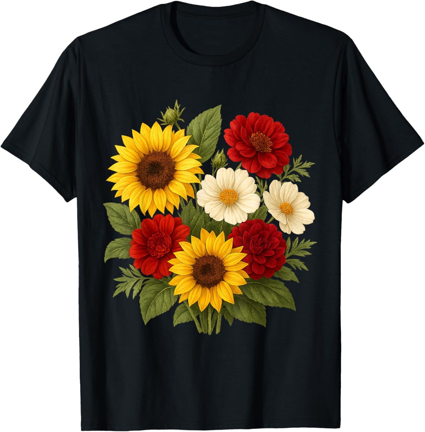 Sunflower Dahlia and Cosmos Bouquet Rustic Summer Farmhouse T-Shirt - T-Shirt | Black