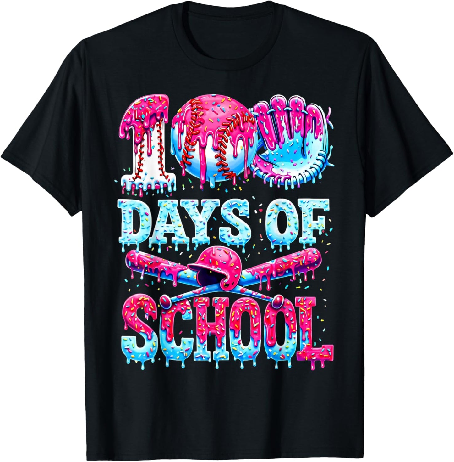 100 Days of School Baseball Ice Cream Drip Gift Boys Kid T-Shirt - T-Shirt | Black