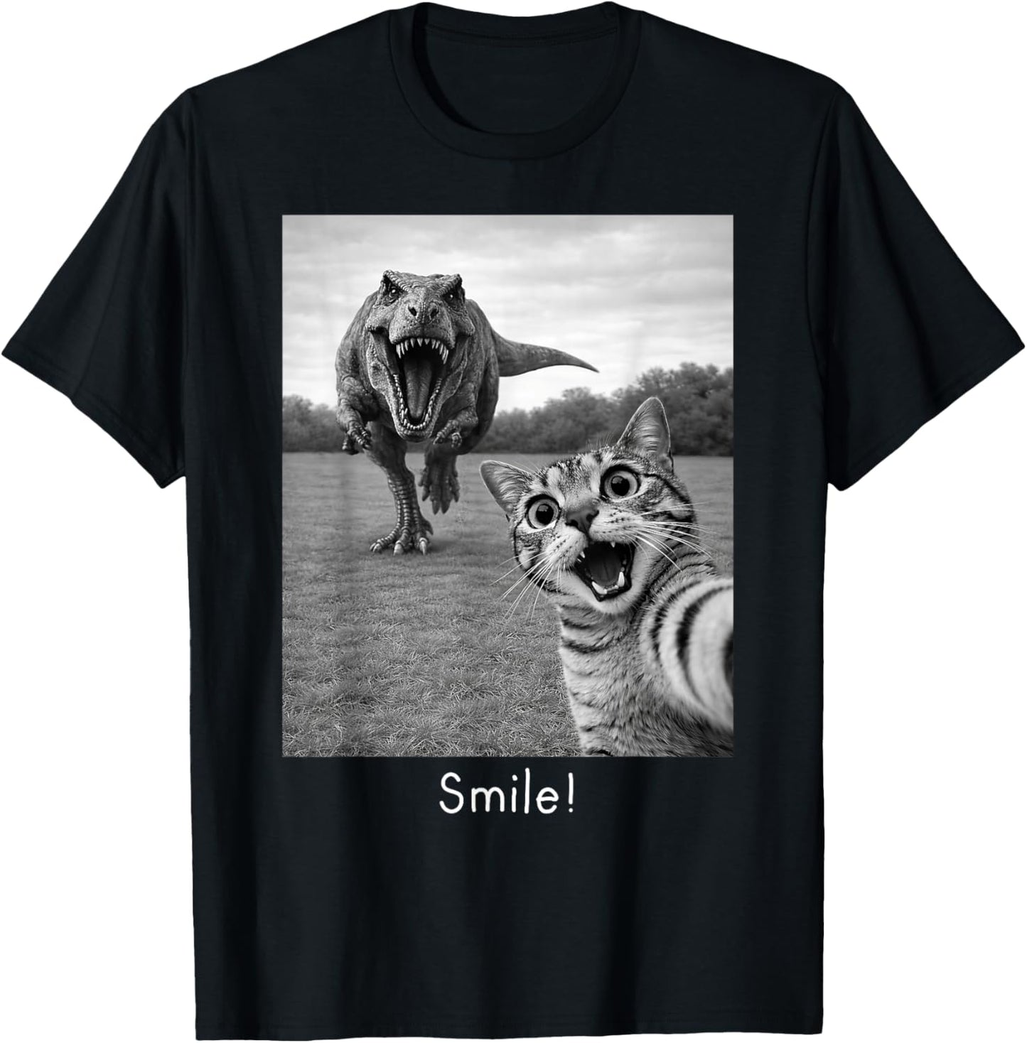 Cat Selfie with T-Rex Dinosaur Smile T-Shirt - T-Shirt | Black