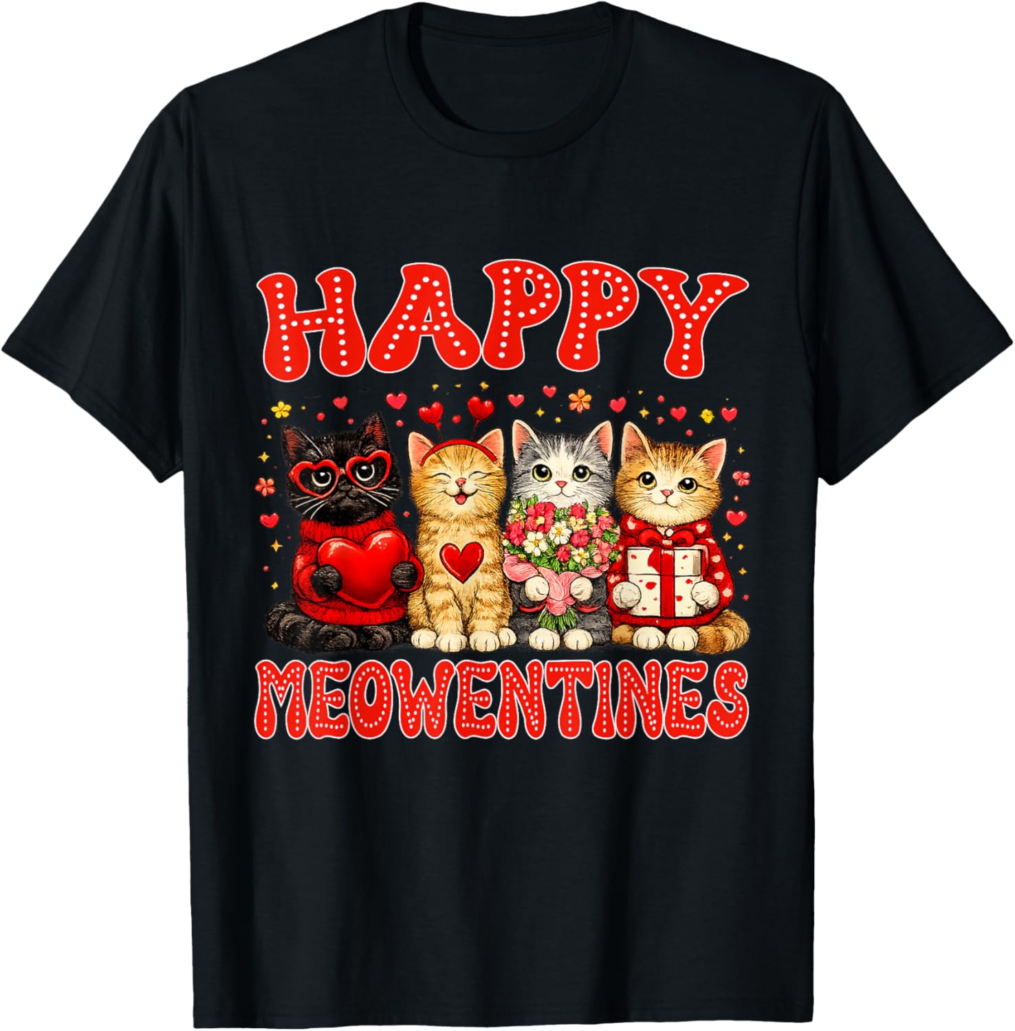 Happy Meowentines Cute Cat Valentine Men Women Kids Girls T-Shirt - T-Shirt | Black