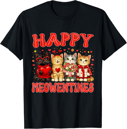 Happy Meowentines Cute Cat Valentine Men Women Kids Girls T-Shirt - T-Shirt | Black