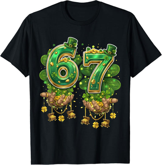 St Patricks Day 67 Hands Six Seven 6-7 Meme Funny 6 7 Irish T-Shirt - T-Shirt | Black