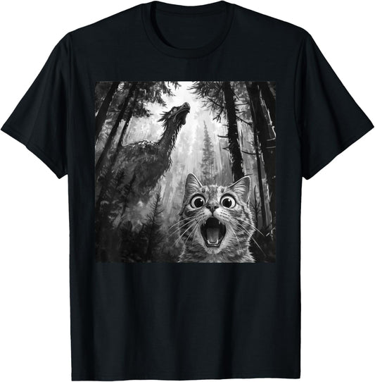 Black Cat Selfie with Dragon Funny T-Shirt - T-Shirt | Black