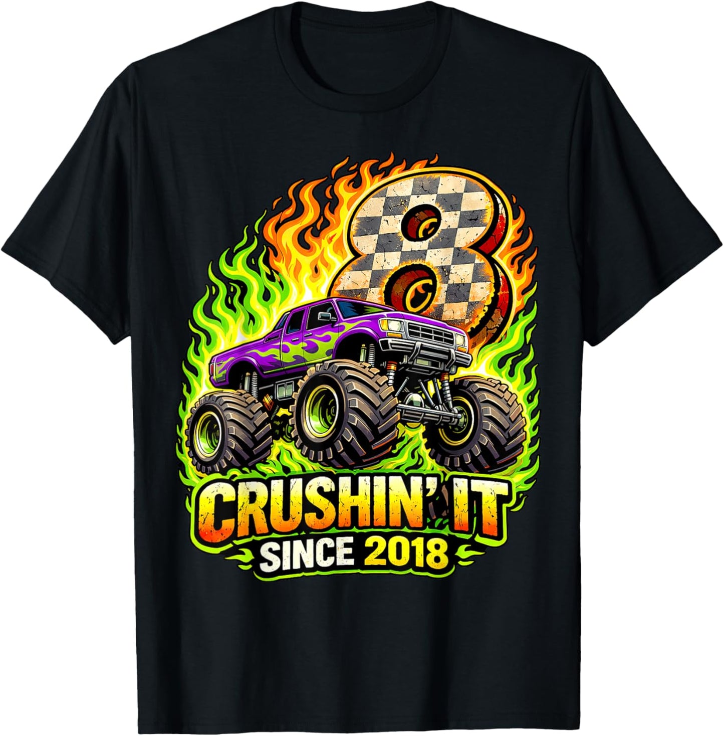 Birthday Monster Truck 8 Year Old Boys 8th Party Born 2018 T-Shirt - T-Shirt | Black
